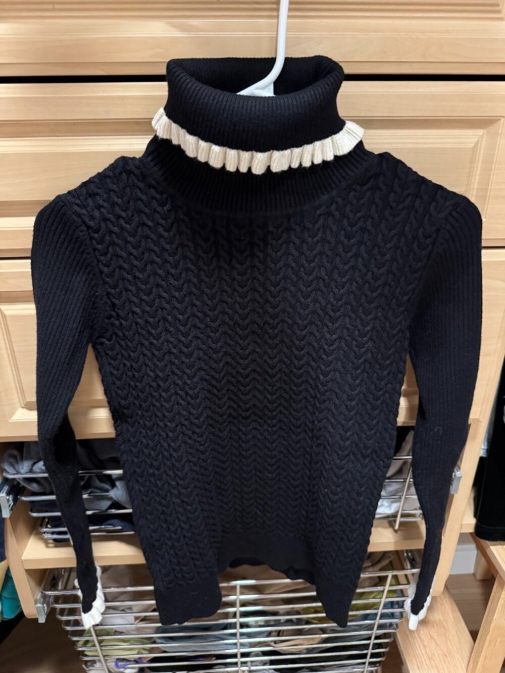 Miss Patina Black Cable-Knit Turtleneck Sweater with White Ruffle Trim — O/S